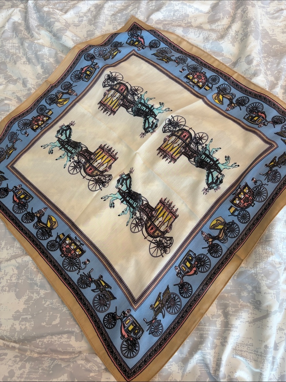 Vintage Carriage Print Silk Scarf in Cream and Light Blue
